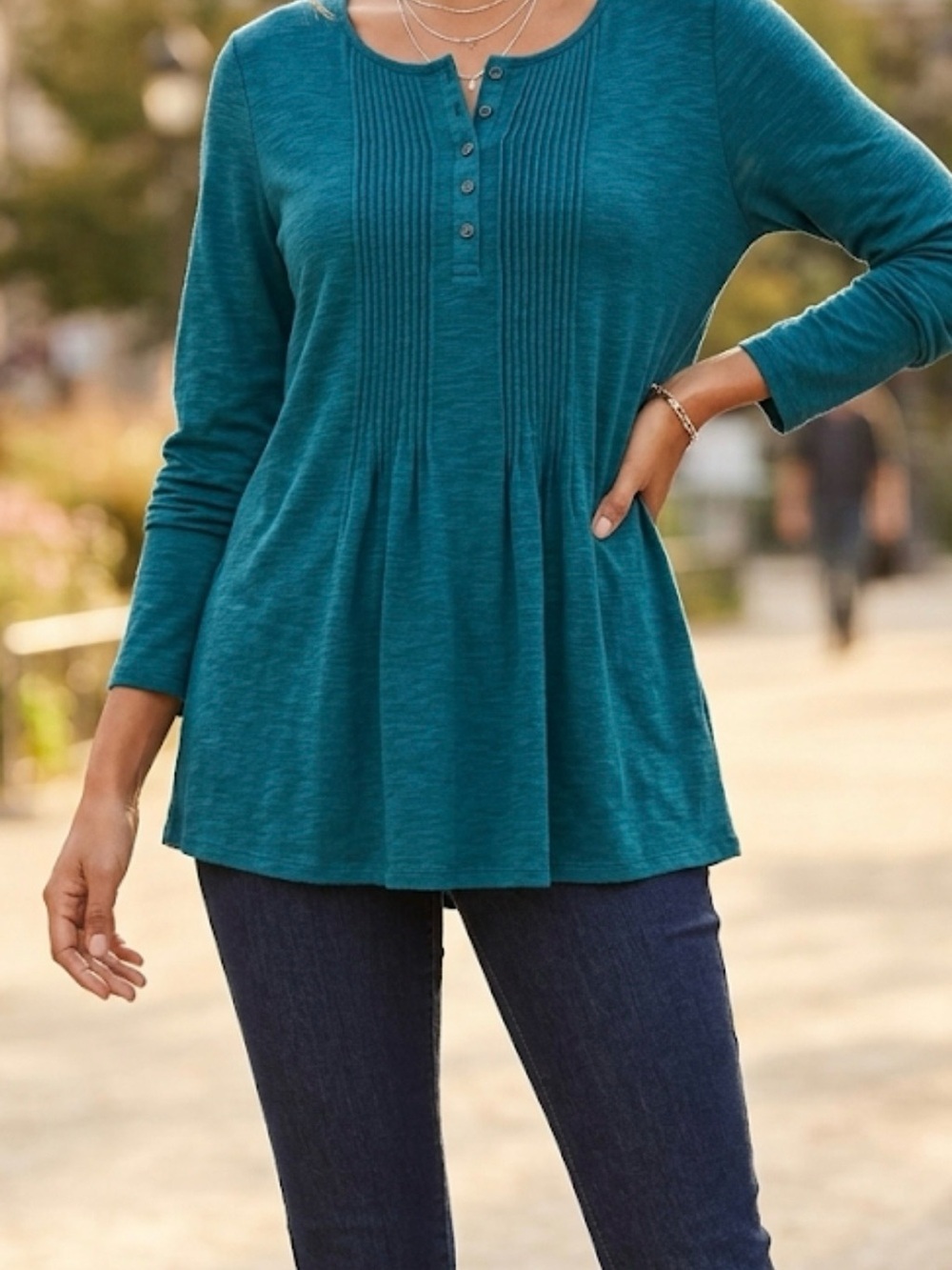 Style & Co. Teal Long-Sleeve Pintuck Henley Tunic
